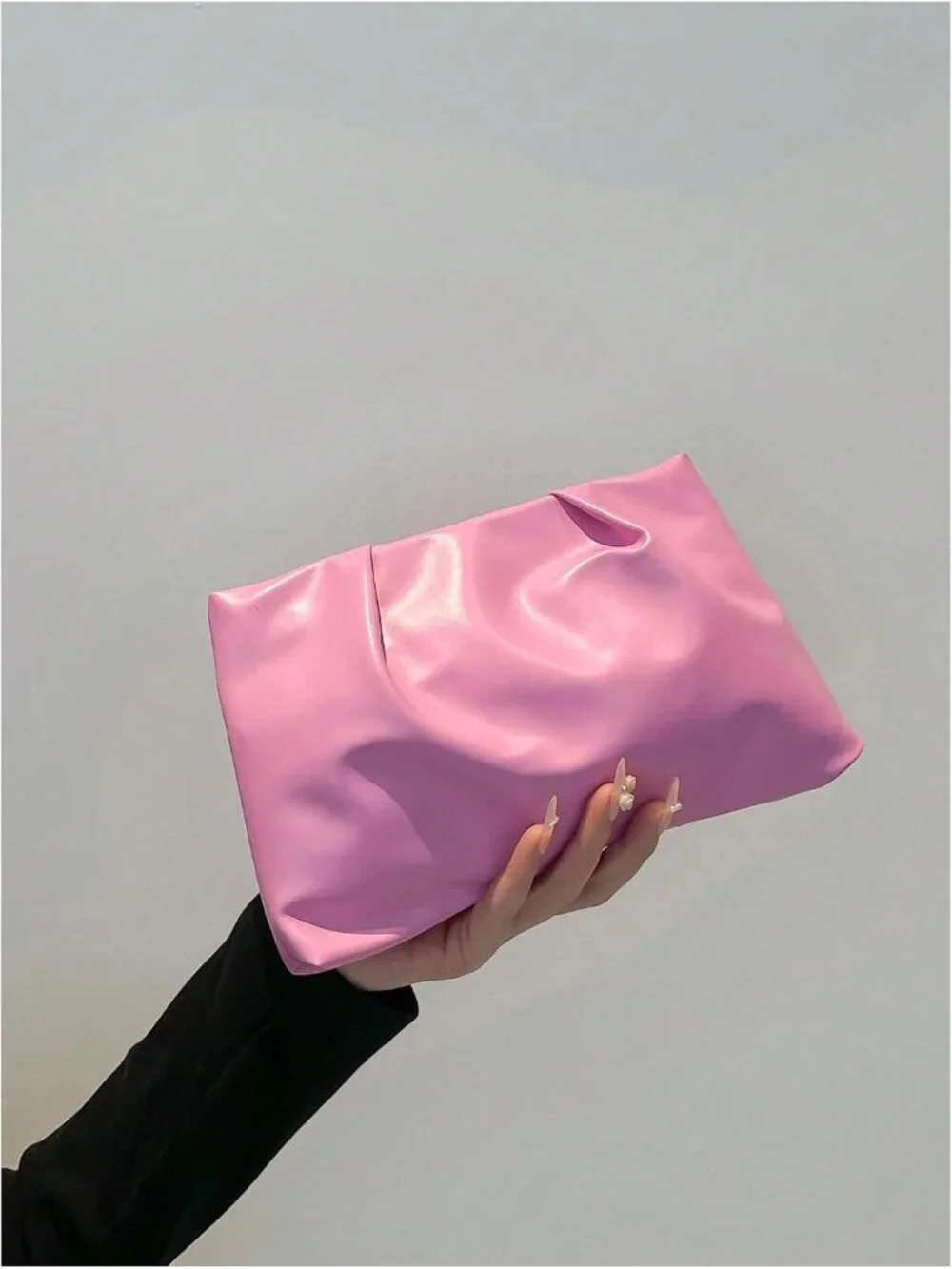 👜Women's Pink PU Leather Clutch Purses Small Zipper Elegant Ruched Handbag